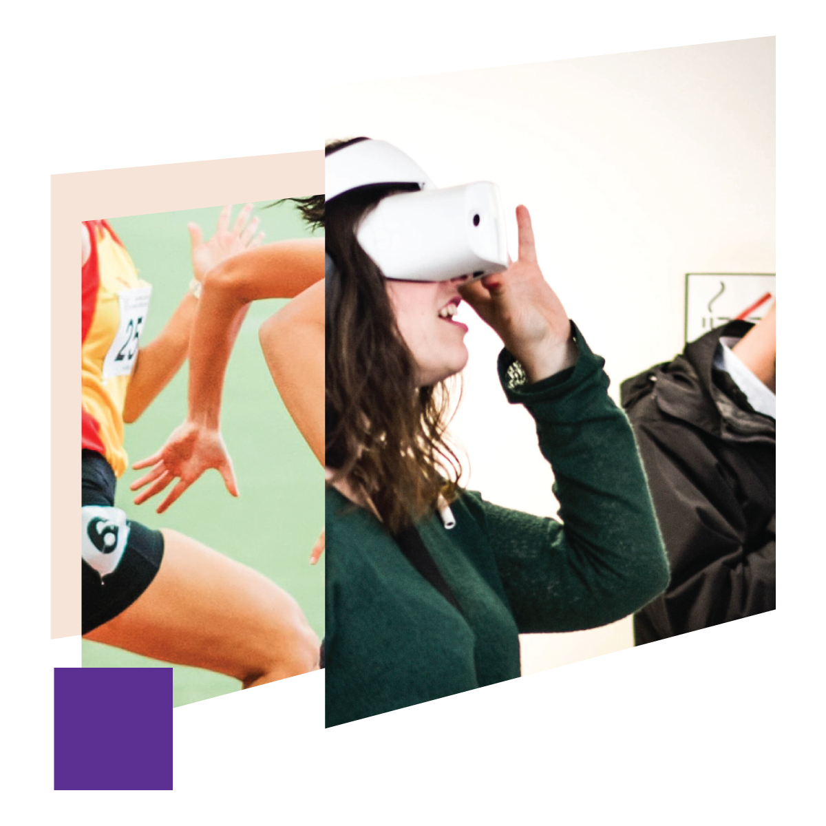 A collage: 1). A close-up of runners’ limbs; 2). A woman using a VR set.