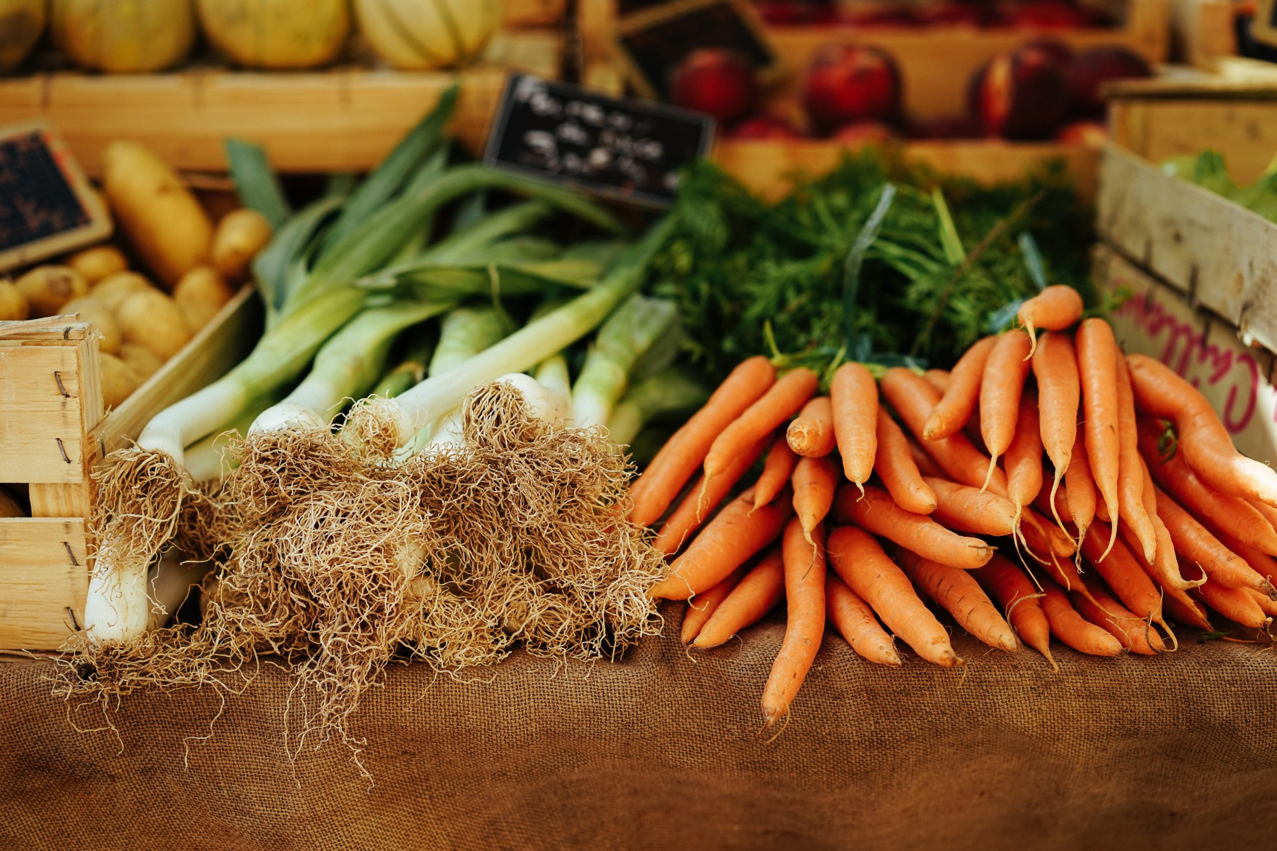 A bunch of sustainably farmed vegetables on a table.