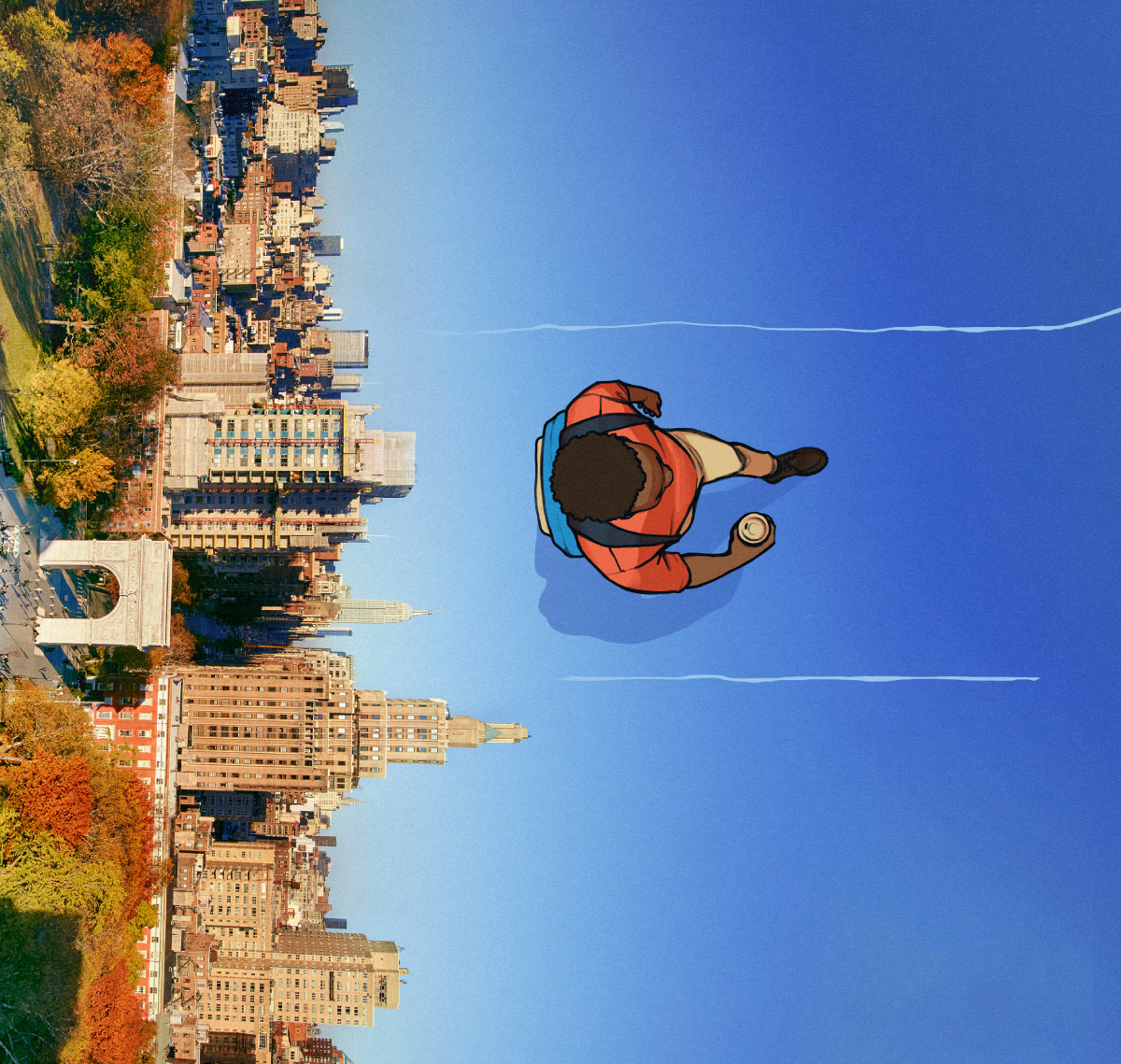 A bird’s-eye view of an illustrated Black student walking along a path with the Washington Square Park skyline as the backdrop.