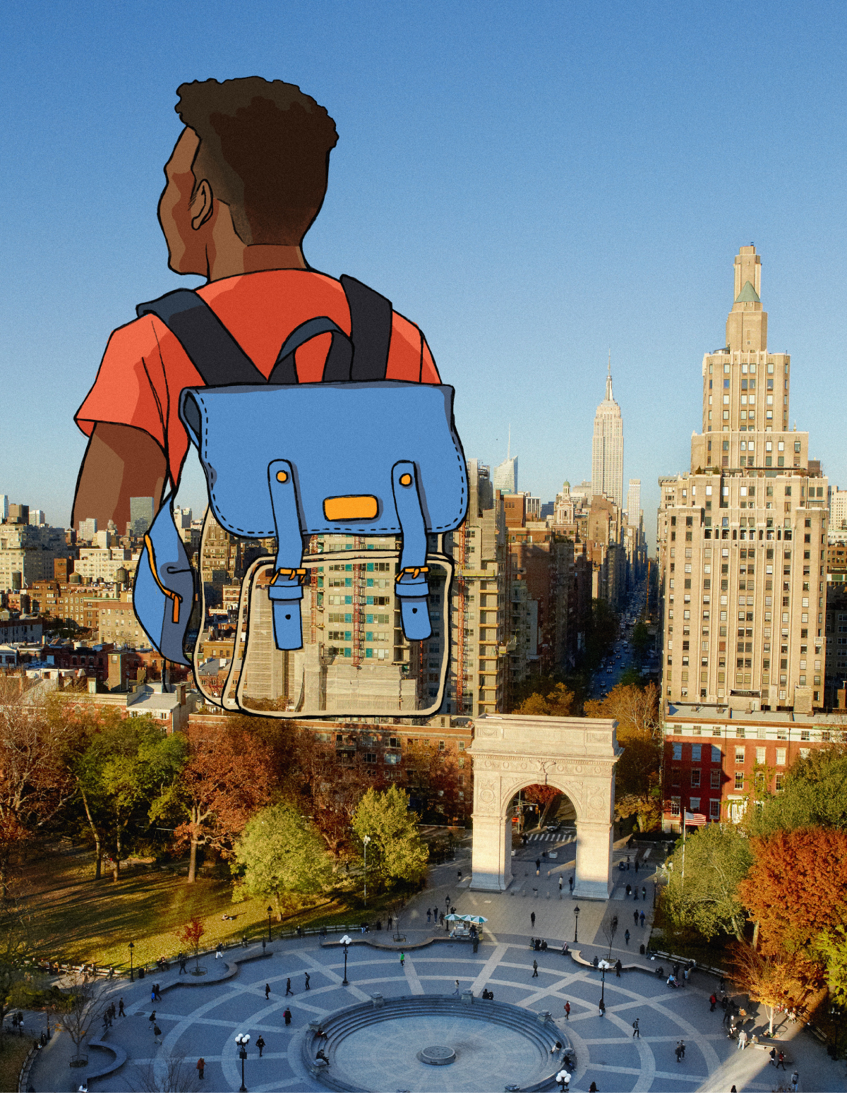 An illustration of a Black student wearing a backpack overlaying a bird’s-eye view of Washington Square Park.