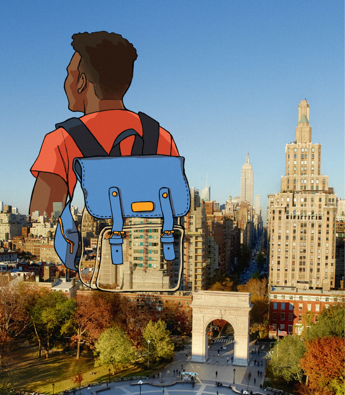 An illustration of a Black student wearing a backpack overlaying a bird’s-eye view of Washington Square Park.