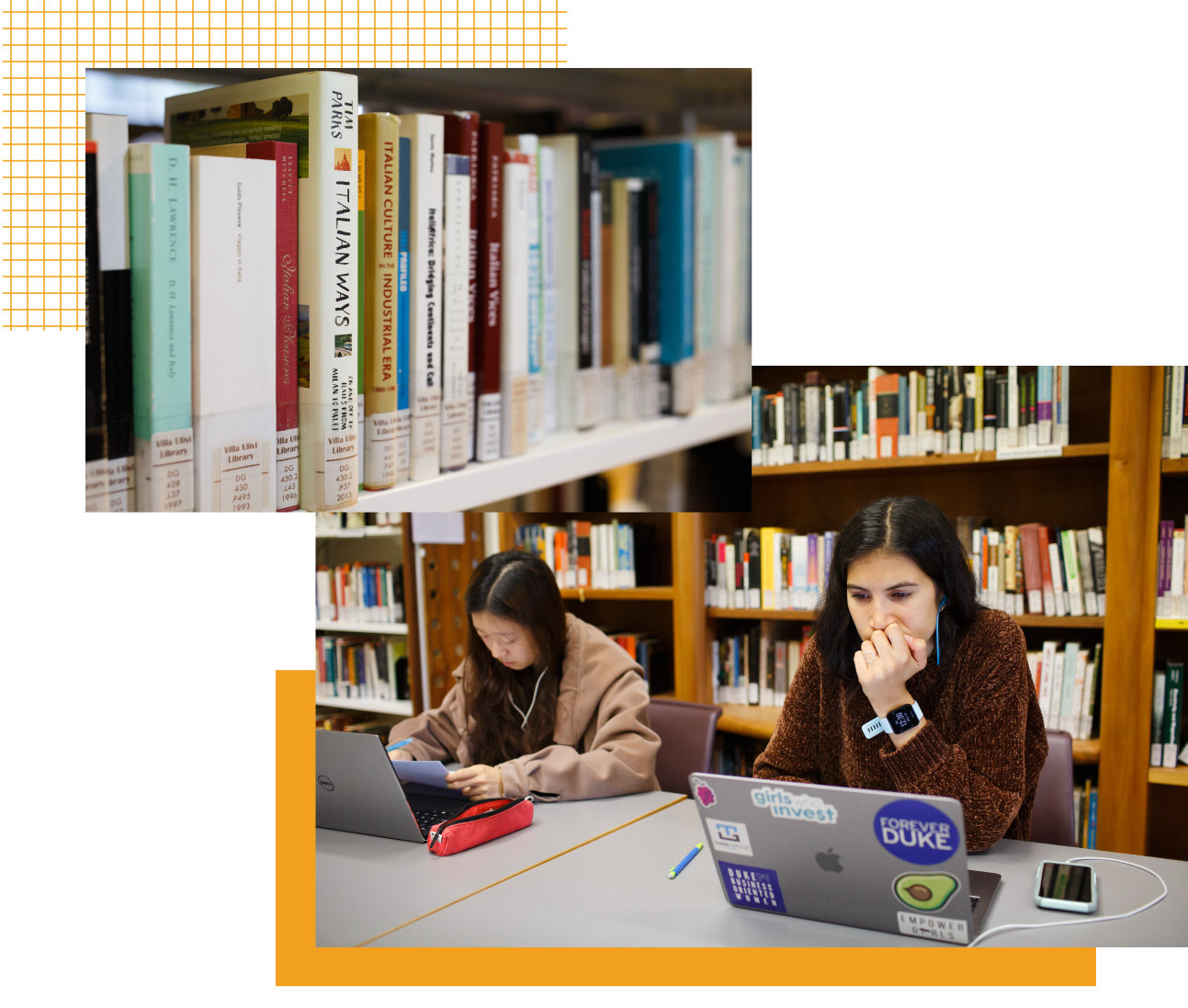 A collage: 1) A stack of books on a bookshelf. 2) Two romance languages students working on laptops in a library.