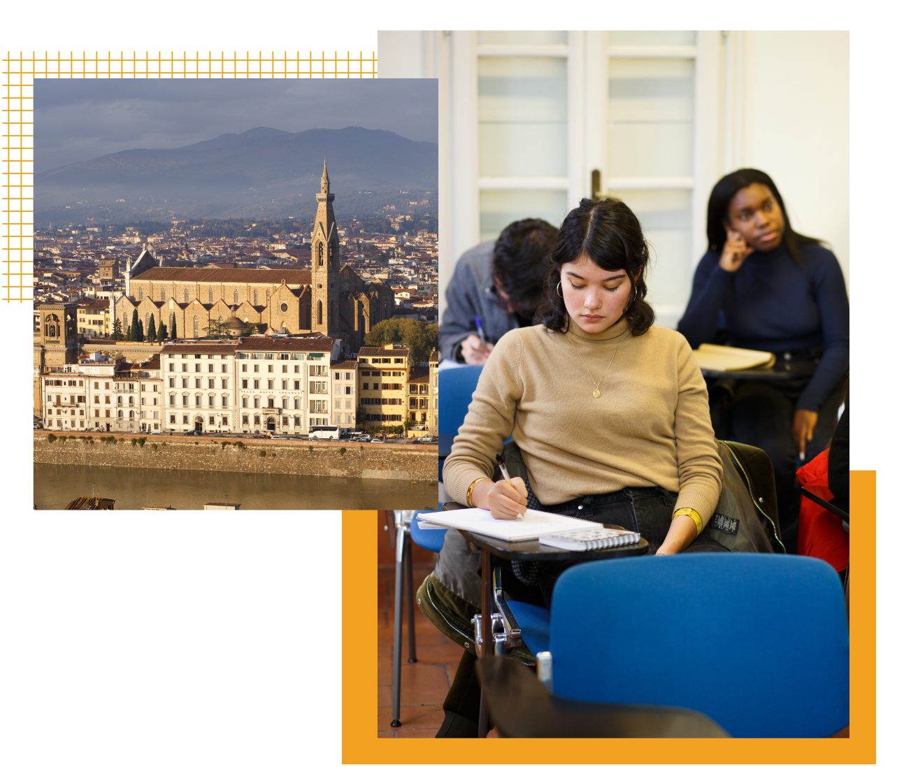 A collage: 1) A bird’s eye view of Florence. 2) A group of students sitting in a classroom.