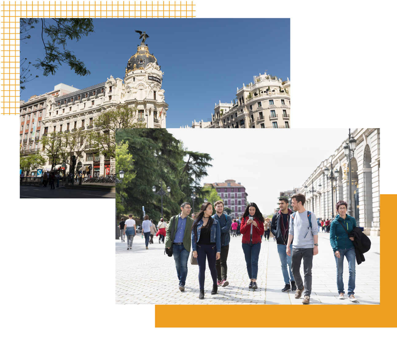 A collage: 1) The Metropolis Building in Madrid. 2) A group of students on a tour in Madrid.
