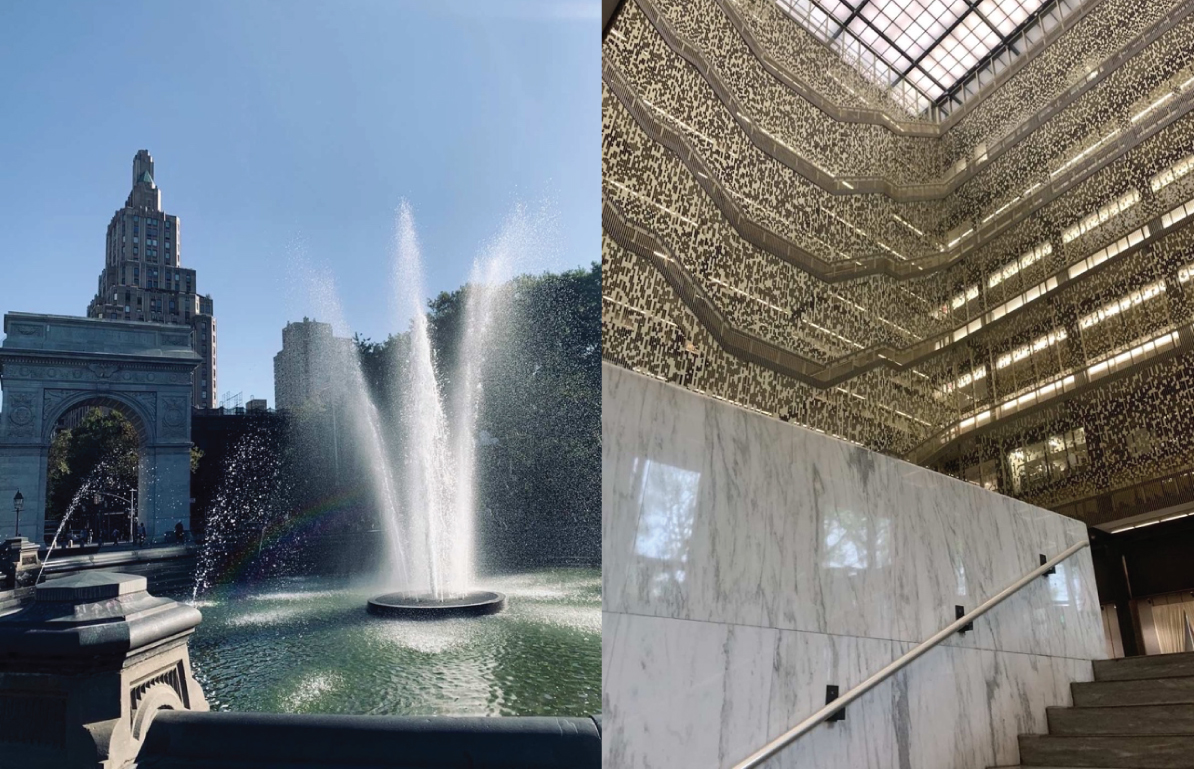 Two photos: A fountain with the Washington Square Arch behind it (left) and the interior of Bobst Library (right).