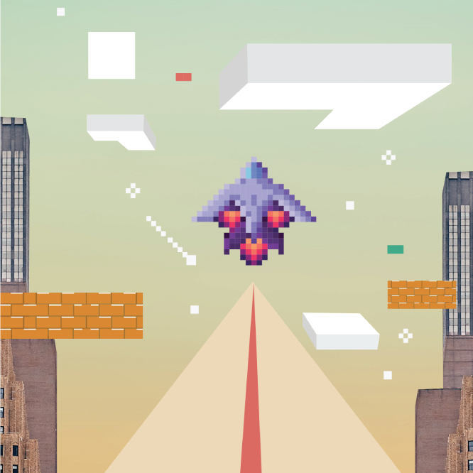 Video game elements with a pixelated spaceship in the center.