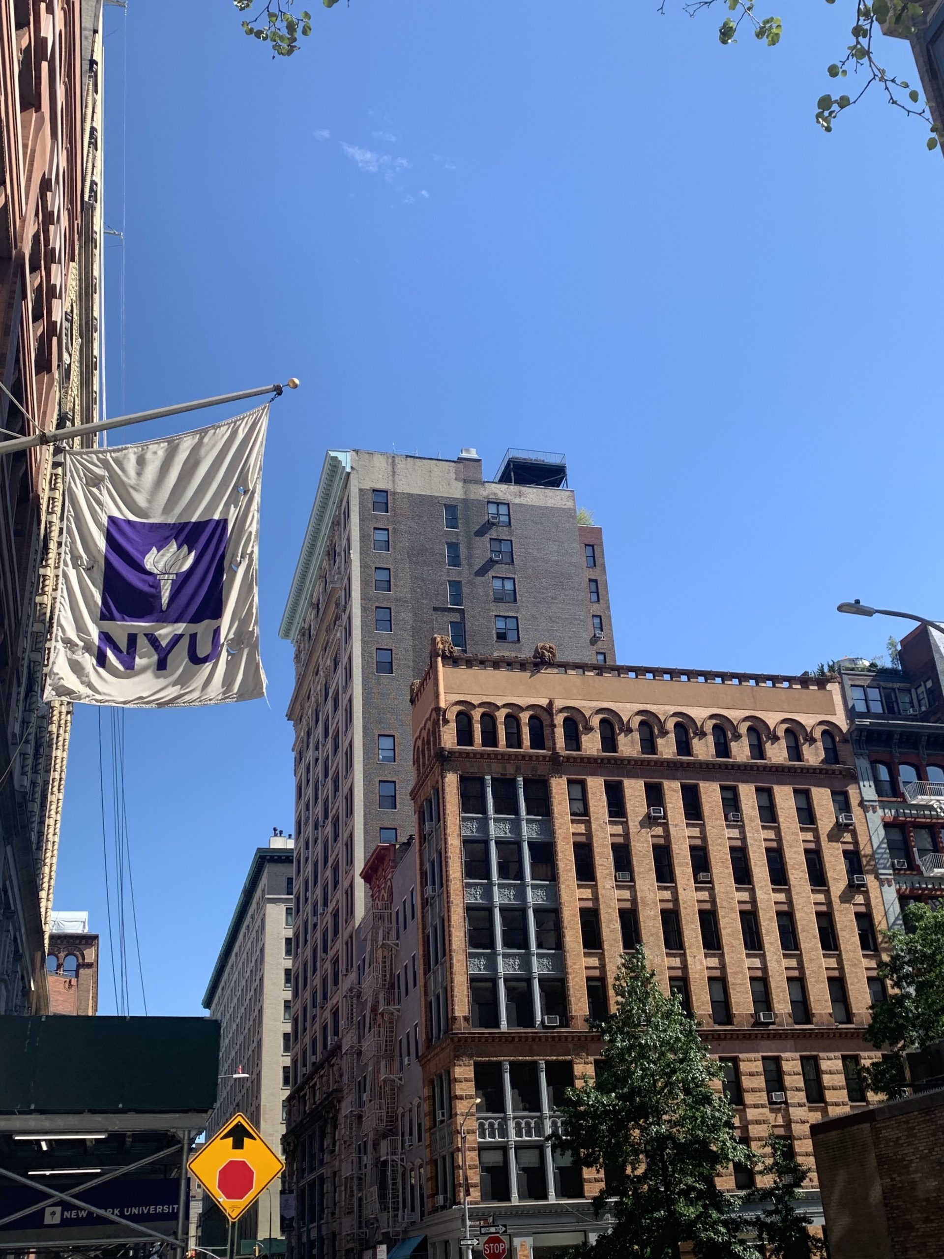 NYU buildings and a flag.