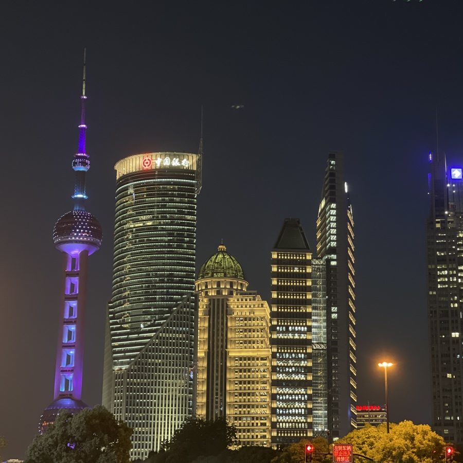 Pudong at night, featuring the Oriental Pearl Tower.