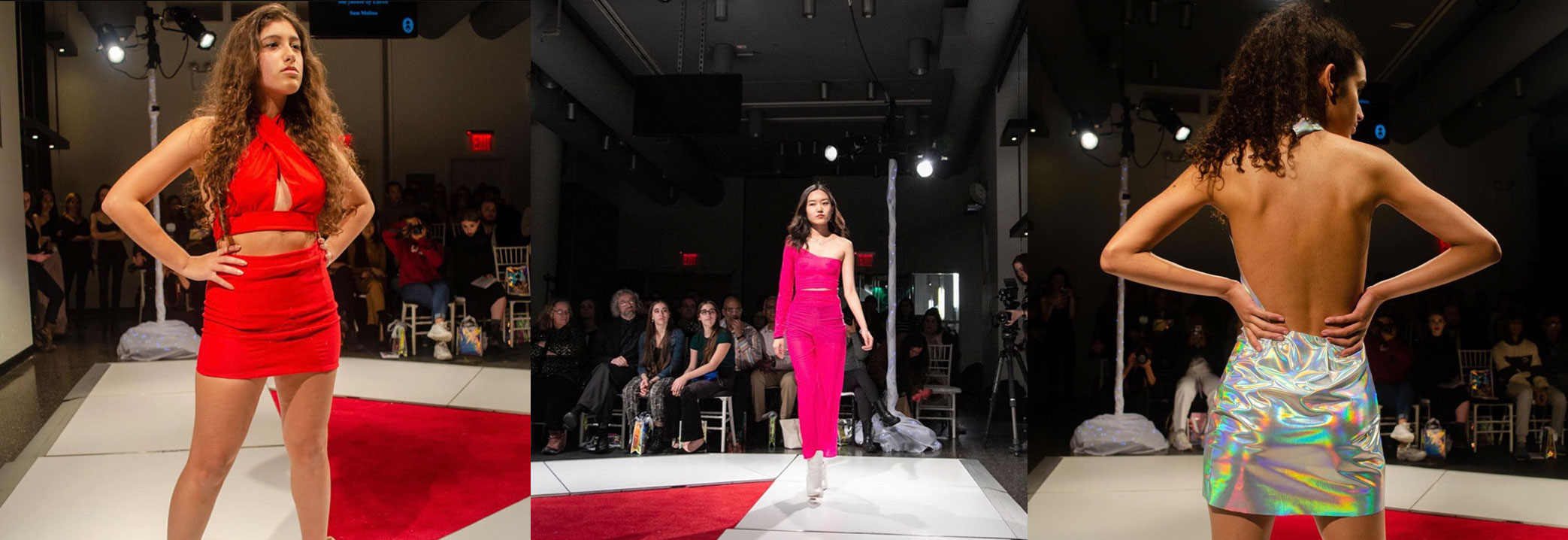 Students on a runway modeling student-designed clothes.