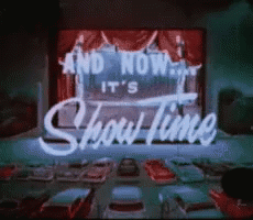 A drive-through theatre with overlapping text that reads “And now…it’s showtime.”