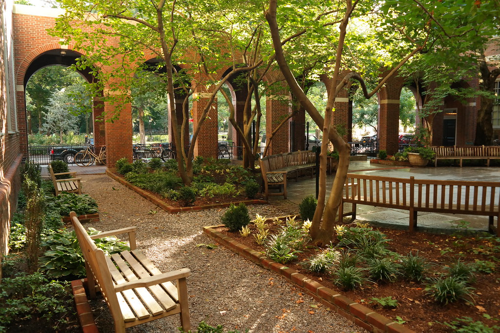 A view of the law school library courtyard with foliage in bloom.