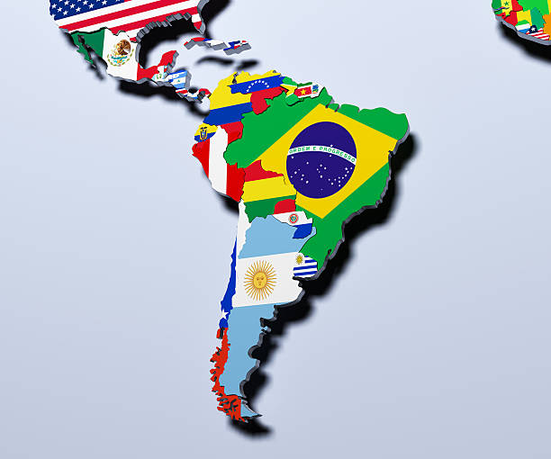 A 3-D illustration of South America with country flags.