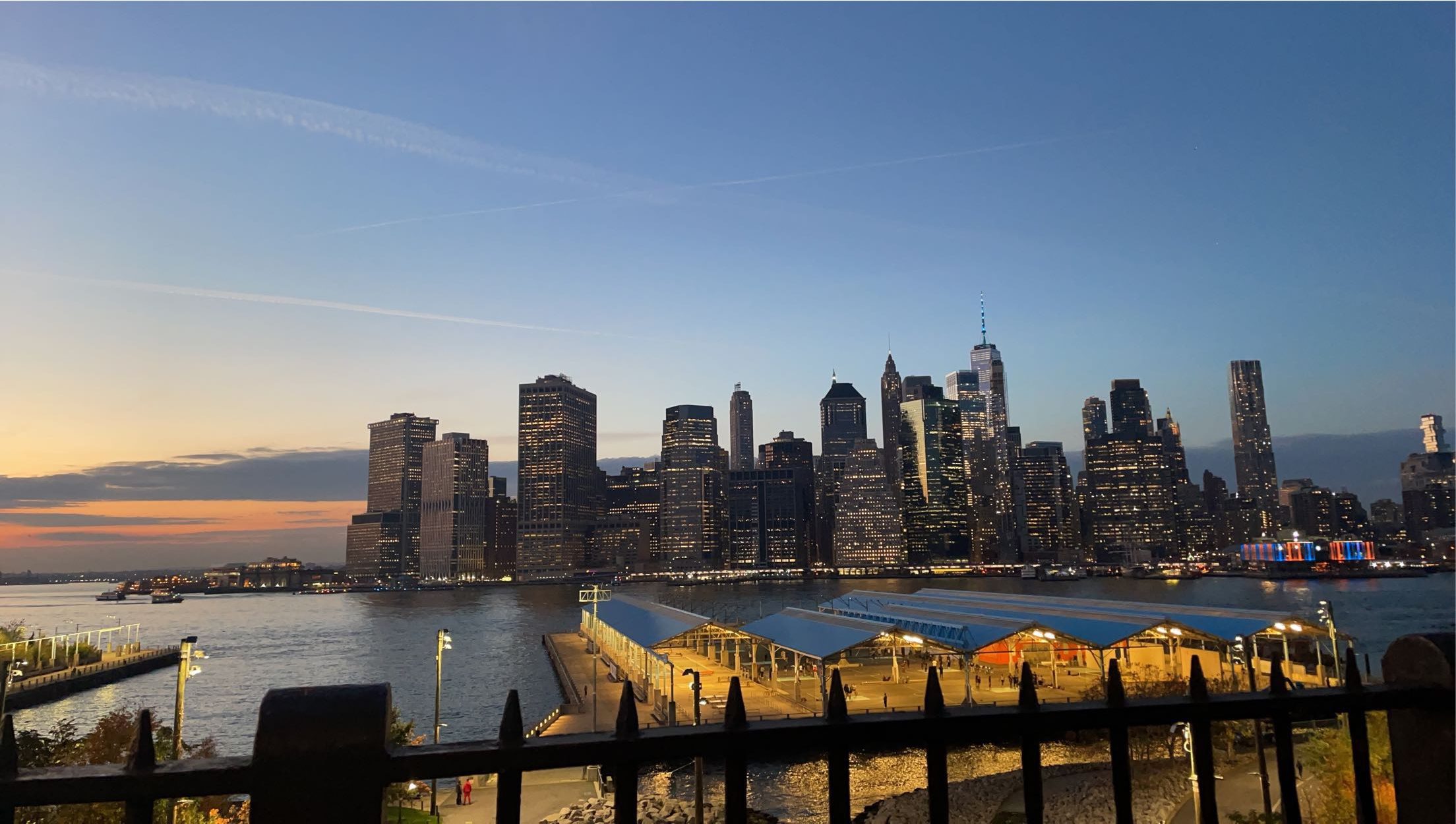 The Manhattan skyline at dusk.