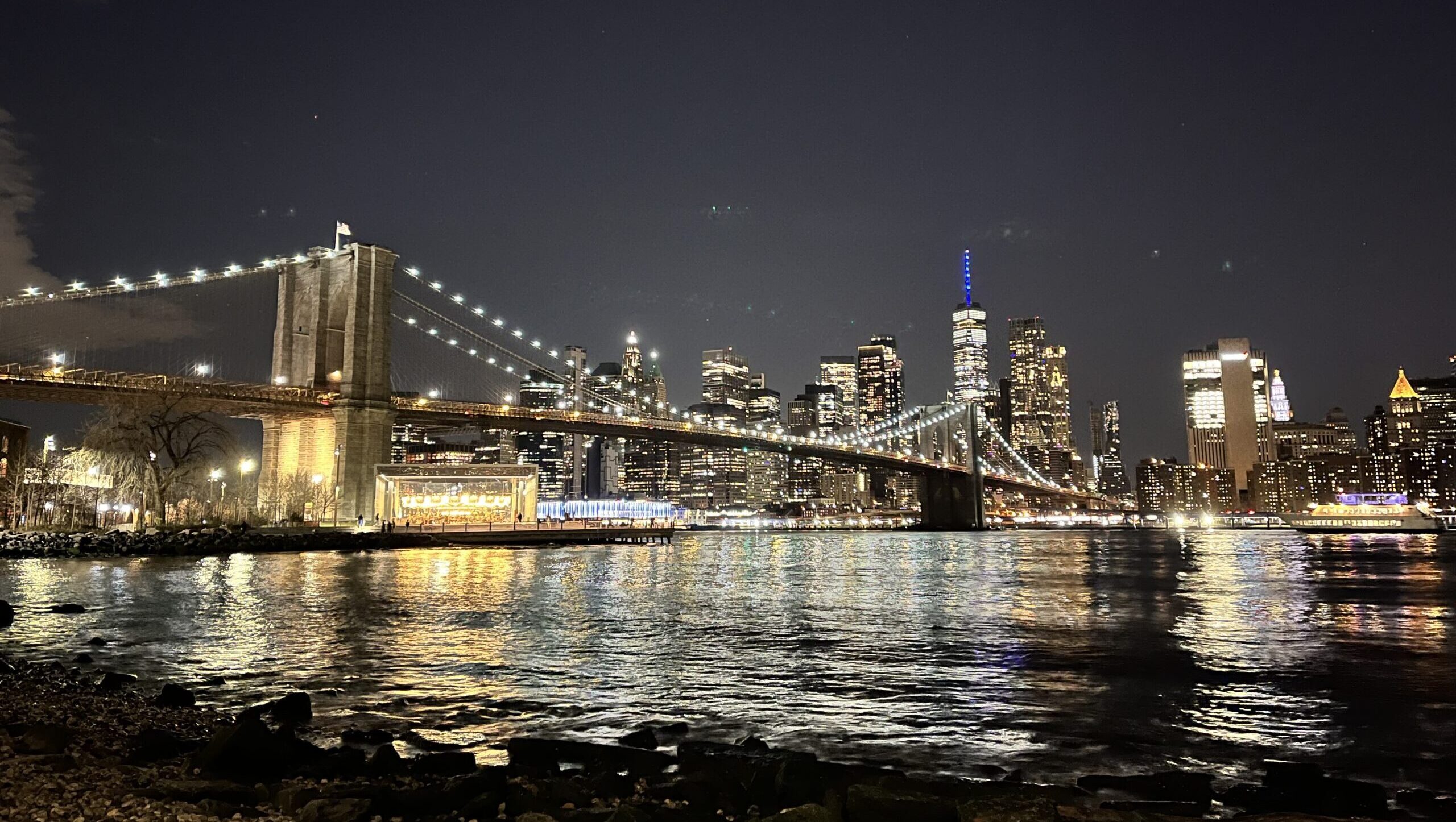 The Brooklyn Bridge at night.
