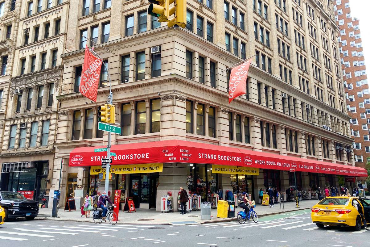 A view of the large storefront of the Strand bookstore on Broadway.