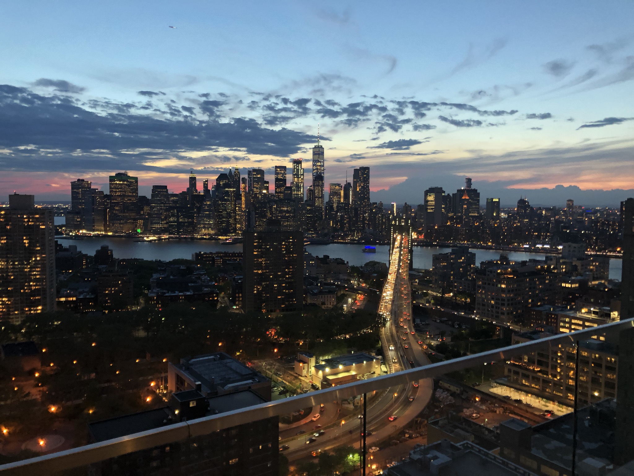 The New York City skyline at dusk.