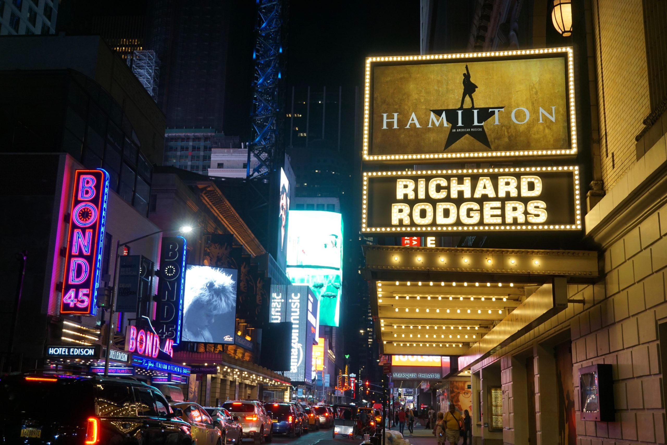The exterior of the Richard Rodgers theatre where the musical “Hamilton is performed.”