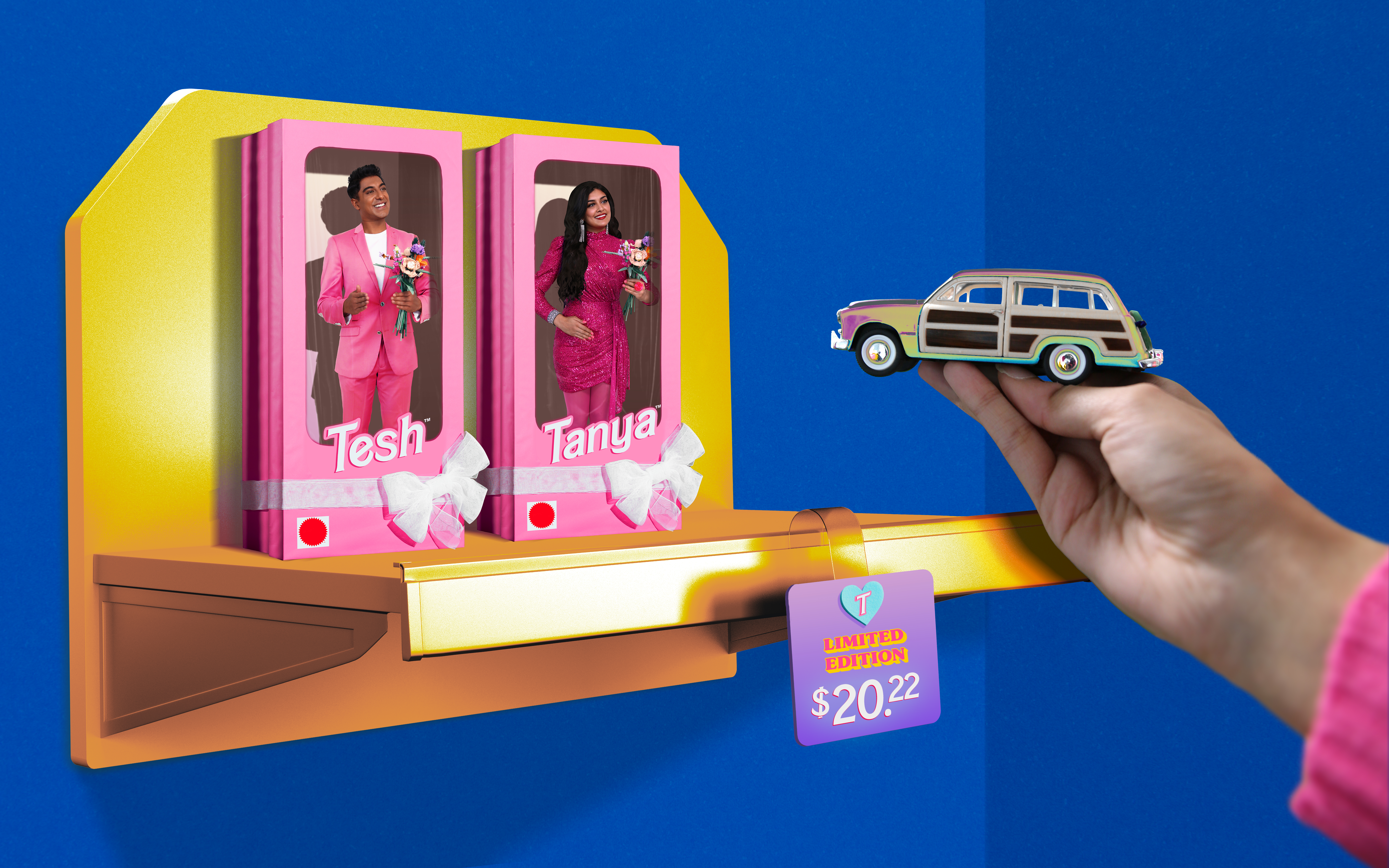 Tesh and Tanya Ken and Barbie dolls in individual boxes on top of a display ledge. A hand holds a small car and a limited edition price tag reads, “$20.22.”