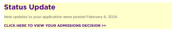 An alert that appears in a student portal letting them know their NYU decision is ready