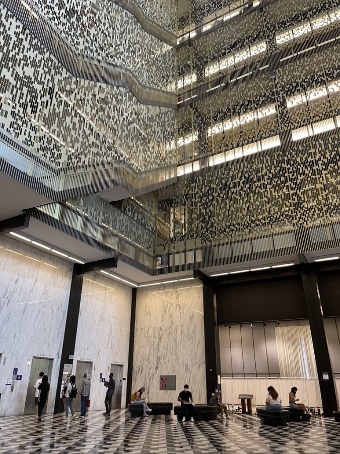 Interior view of NYU Bobst Library from the large lobby.