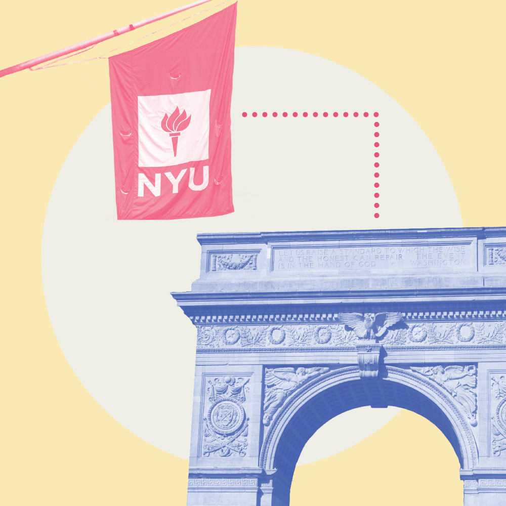 A duotone collage of the Washington Square Arch and an NYU flag.