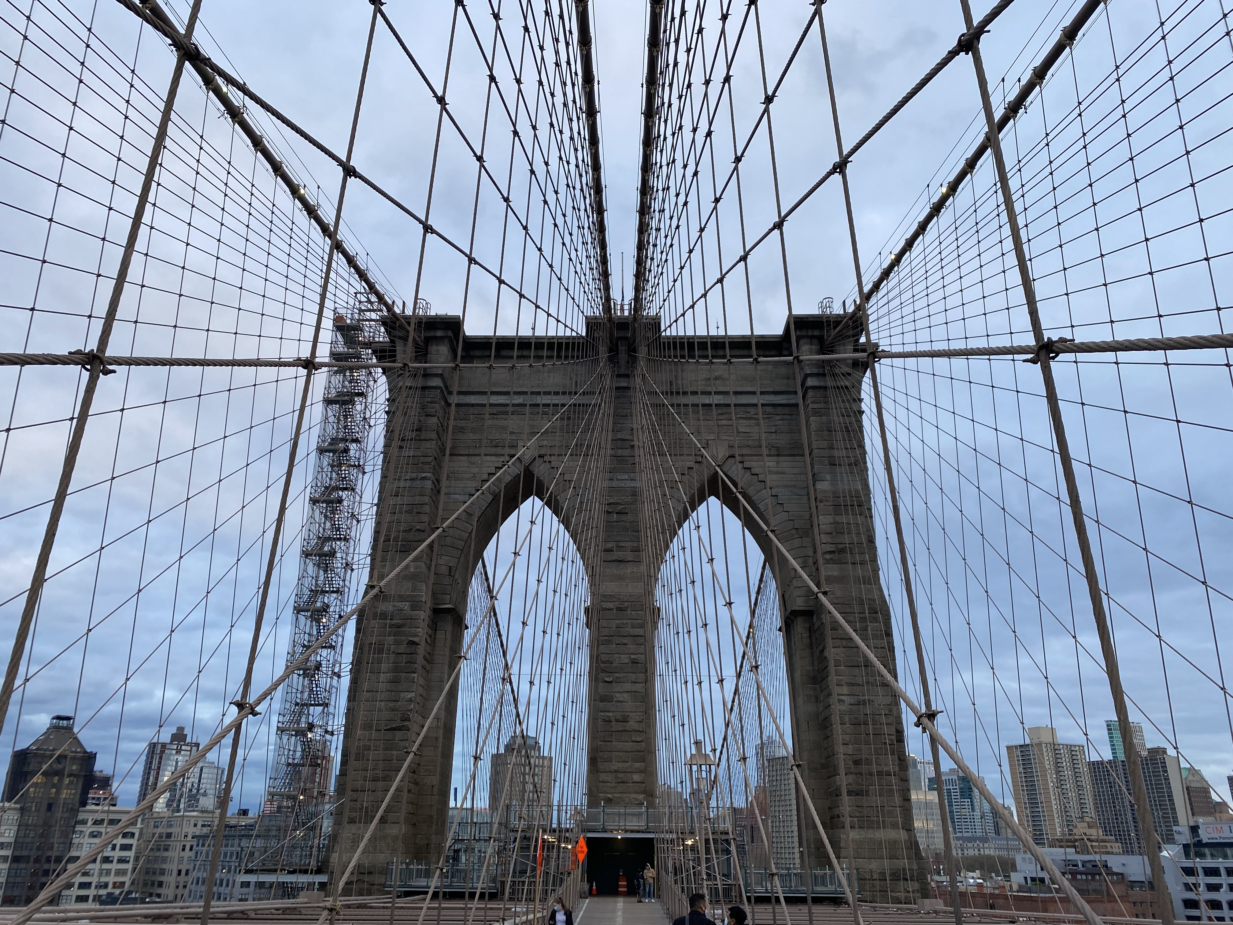 A view from the center of the Brooklyn Bridge.
