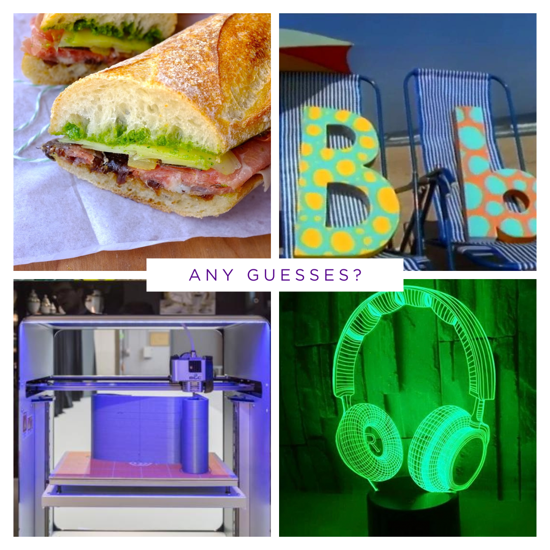 4 top of images: a sandwich, two giant letter B's, 3-D printers, light-up headphones