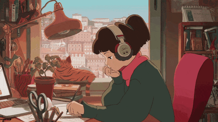 A GIF of Lofi Girl writing while wearing headphones.