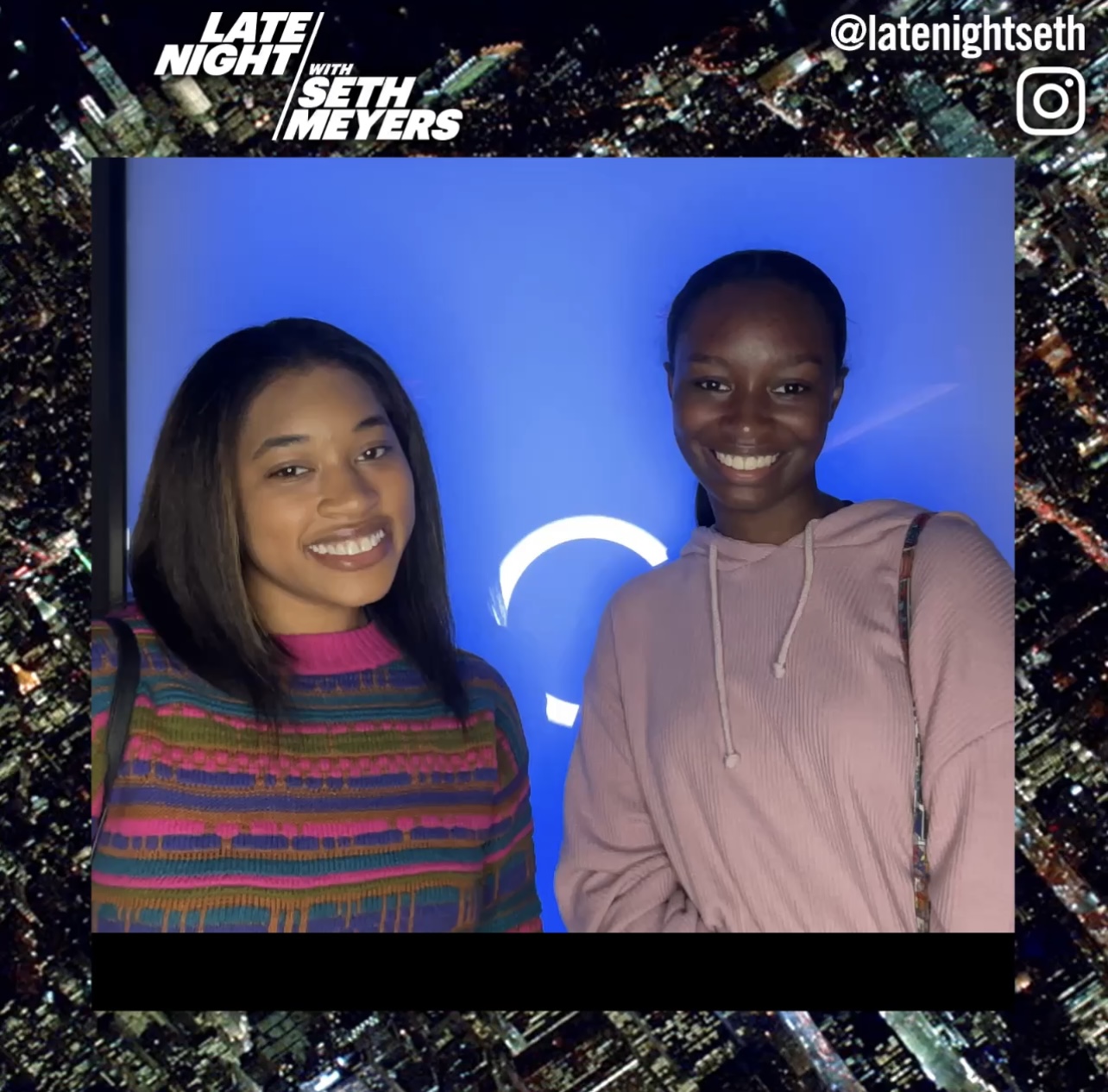 Two Black students experiencing entertainment in New York City at a taping of “Late Night with Seth Meyers.”