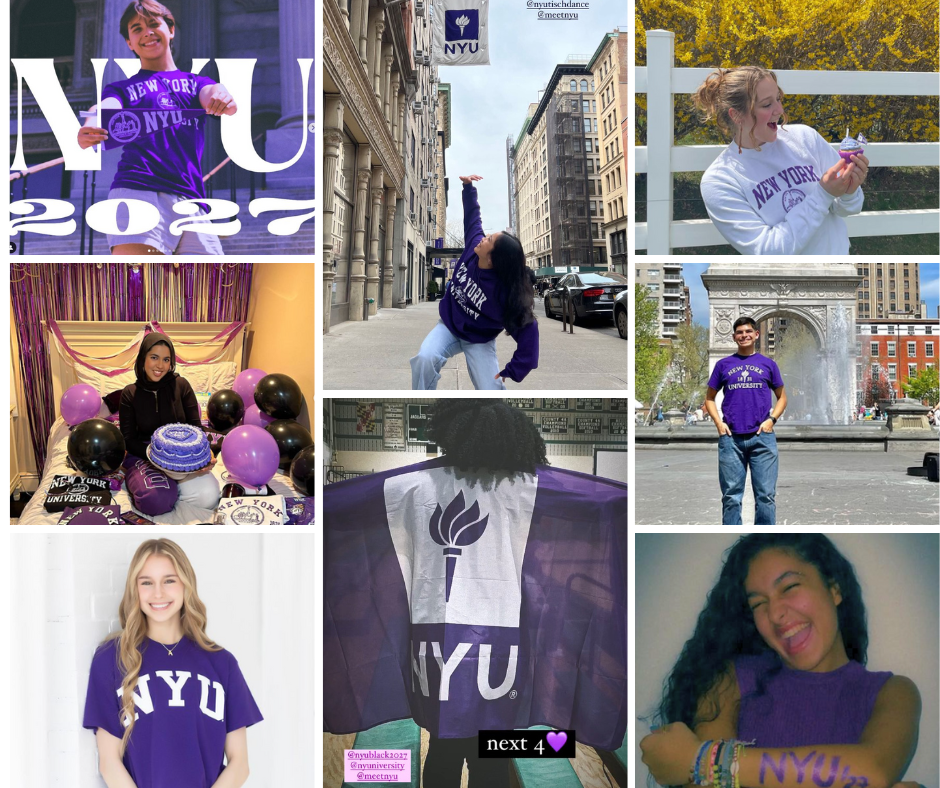 A photo montage of 8 admitted students posing in NYU violet
