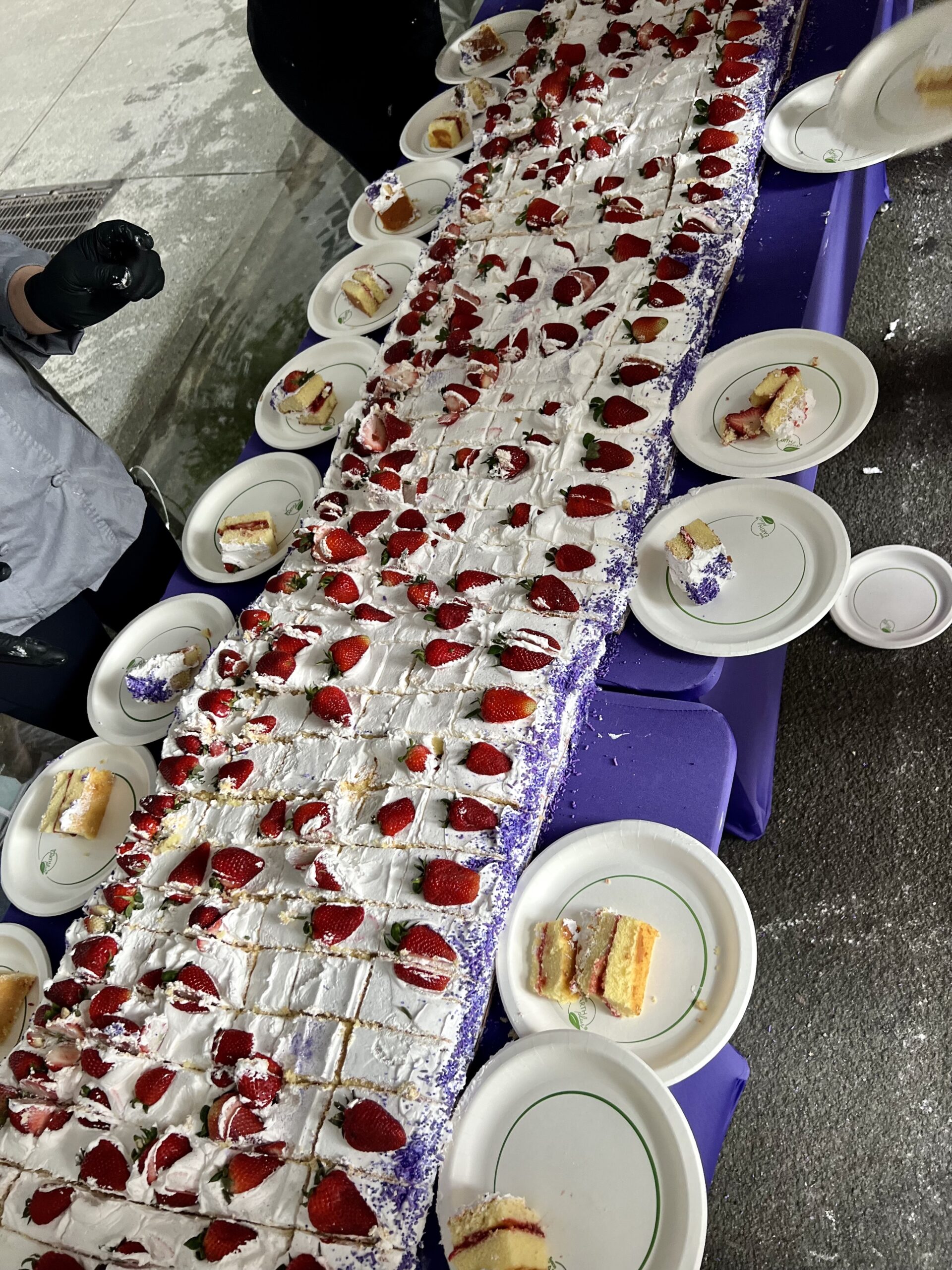 The legendary 160-square-foot Strawberry Fest cake, presented on a table.