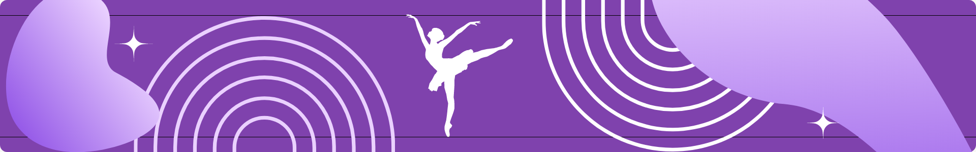 a violet banner featuring a ballerina and swirling shapes