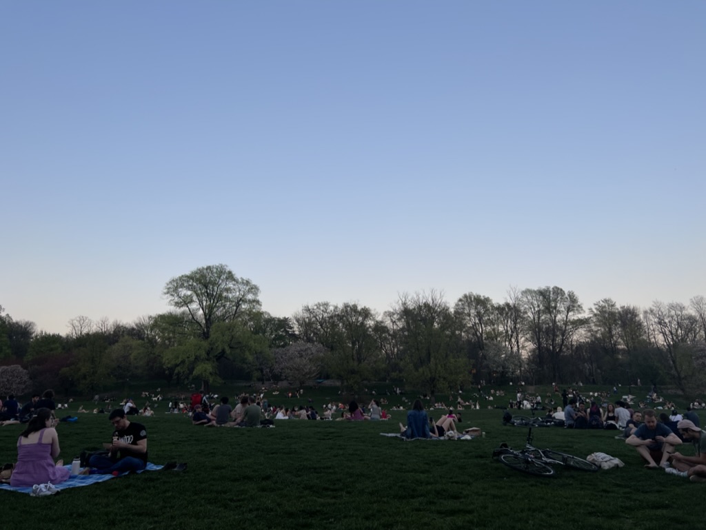 People picnic on blankets in Brooklyn’s Prospect Park.