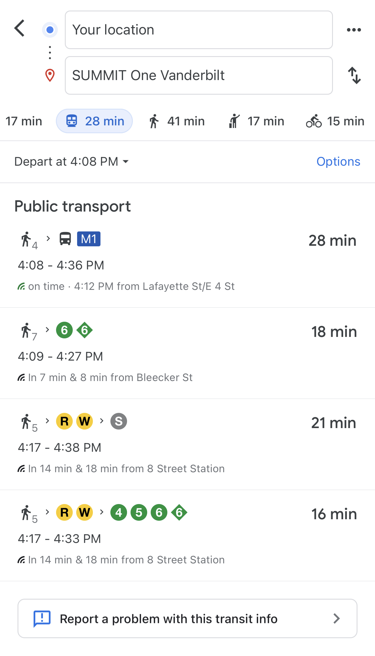New York City Google Maps transit information from “Your location” to SUMMIT One Vanderbilt.