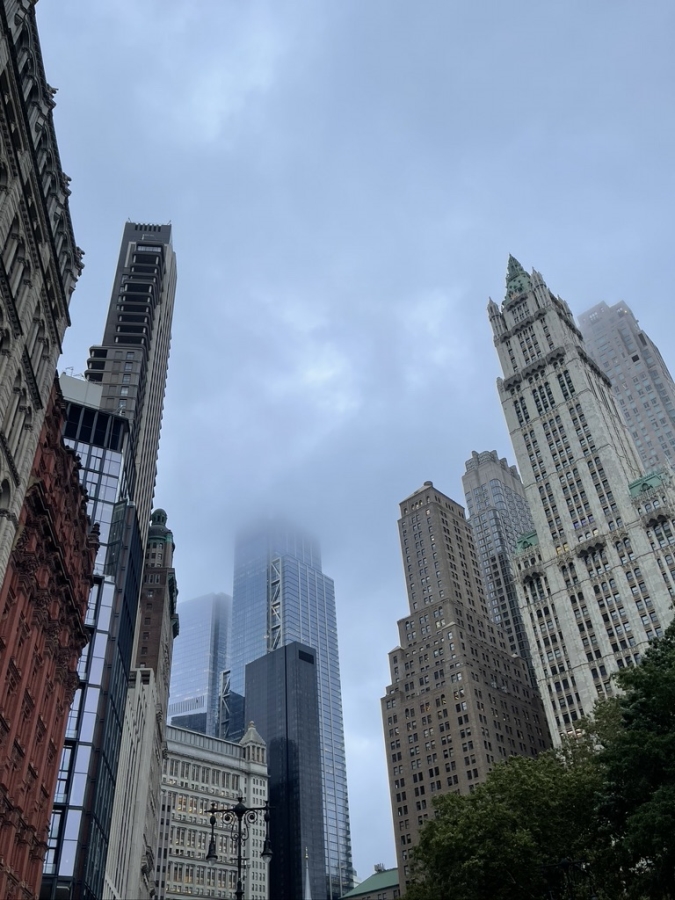 New York City skyscrapers on a foggy day.
