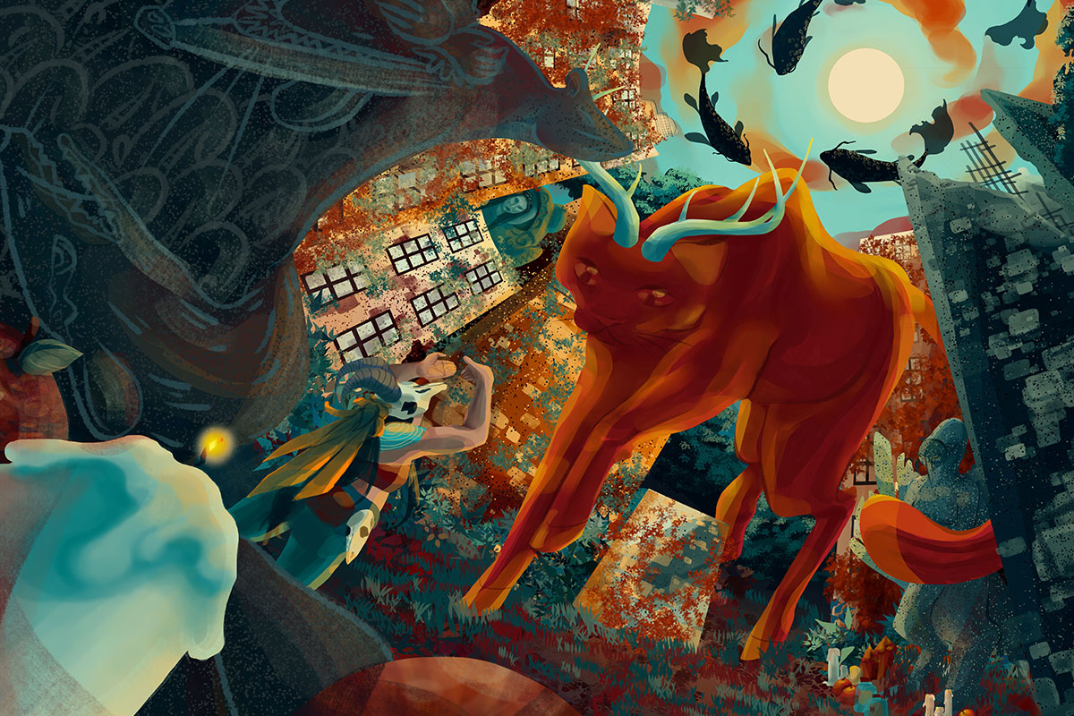 A person wearing a skull with horns on their head reaches out to a large cat-like creature with antlers. Large koi fish circle the sun in the distance.