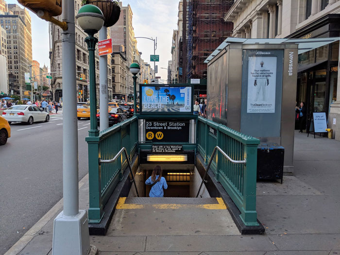 The entrance of a Downtown & Brooklyn subway station in New York City.