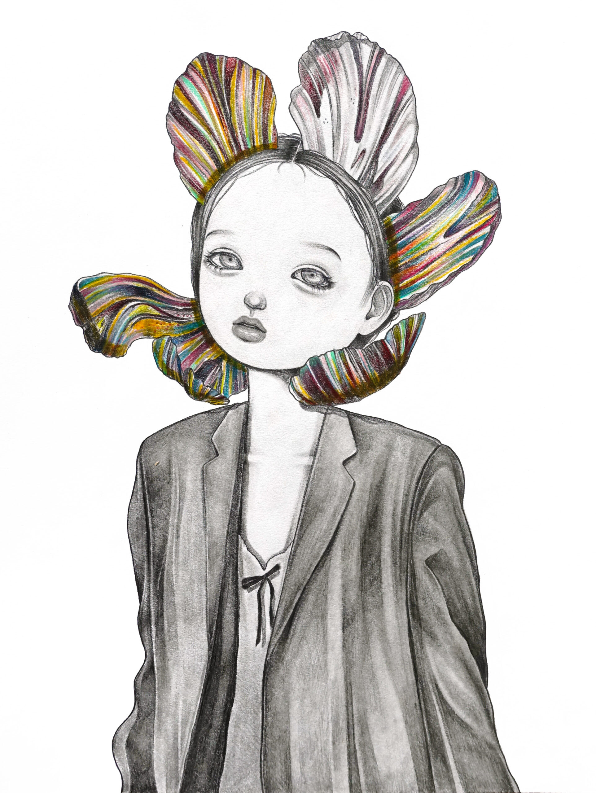 A color pencil drawing of a girl with flower petals growing out of her head.