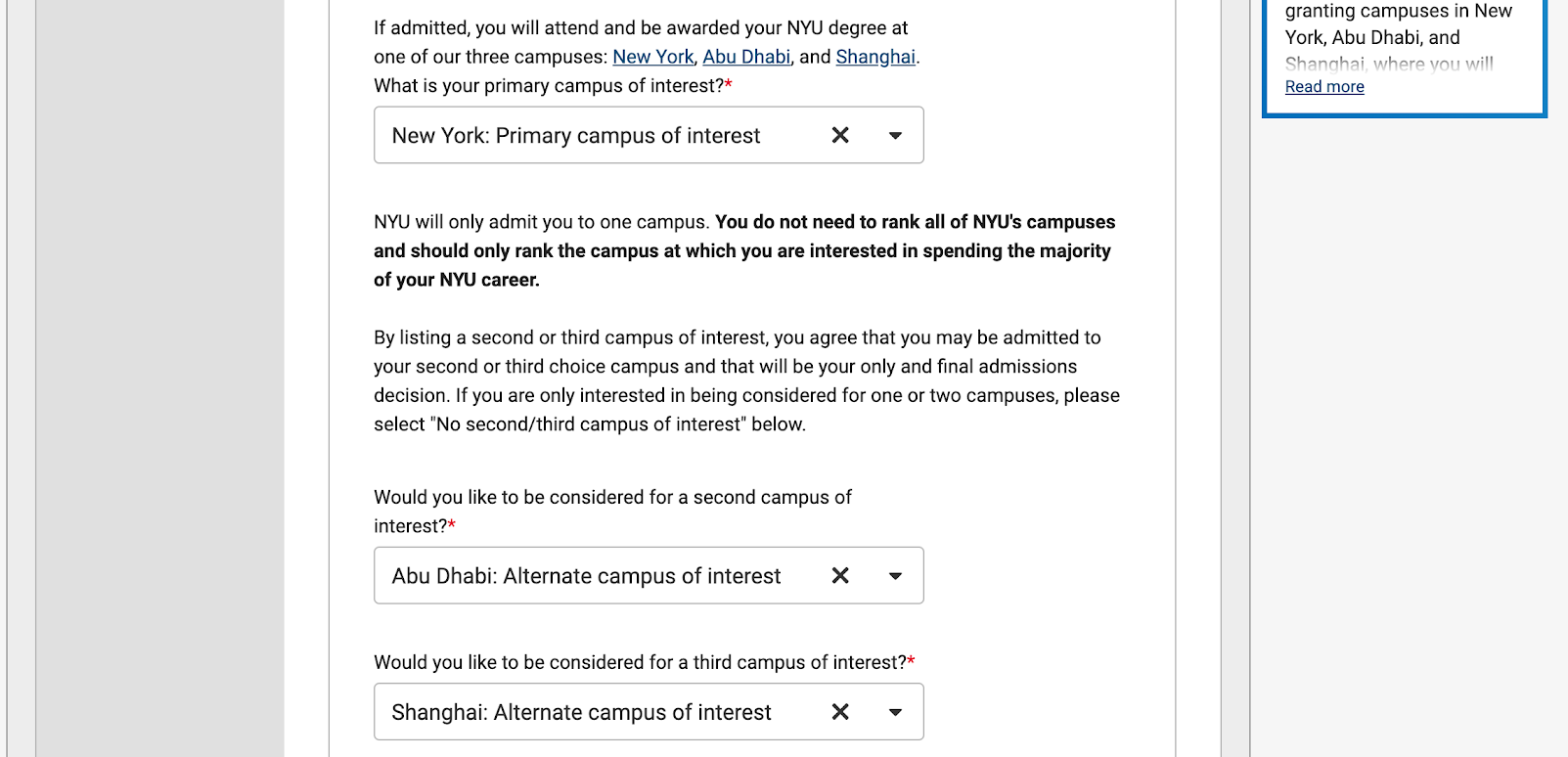 Screenshot of General Section of Common Application