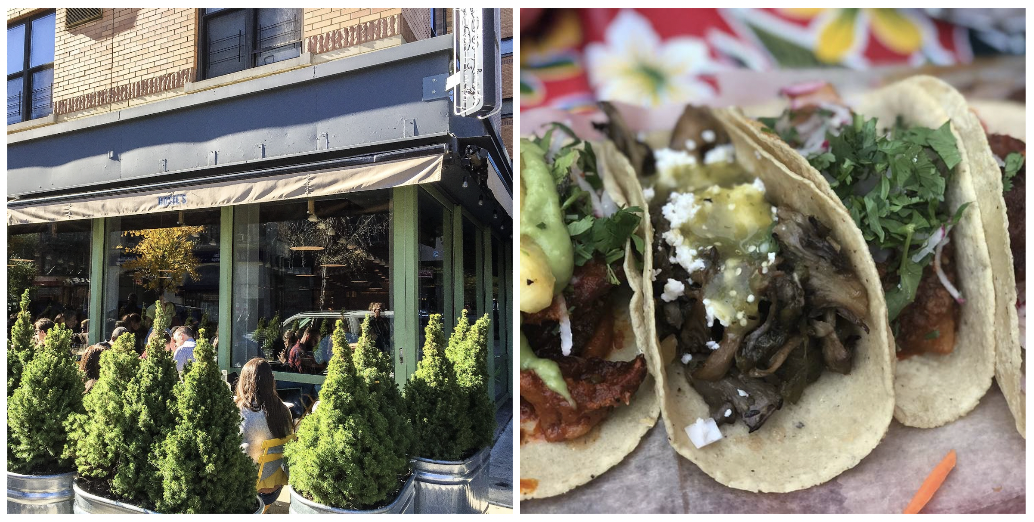 Exterior view of Rosie’s and a line up of street tacos.