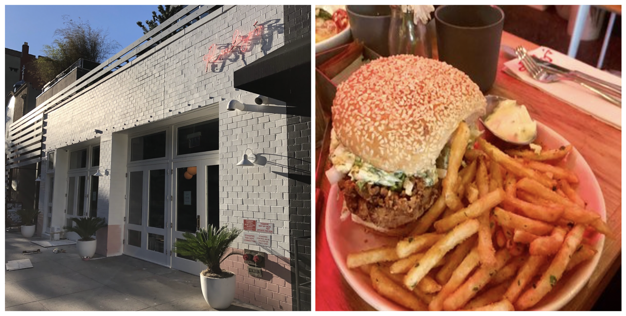 Exterior view of Ruby's along with plate of a hamburger and crispy fries.