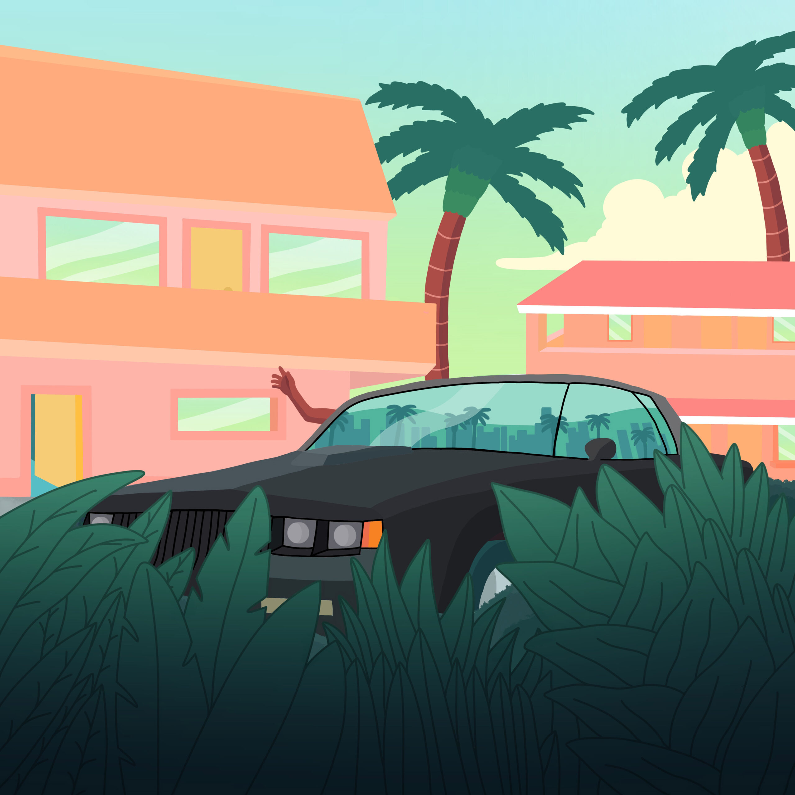 A colorful digital illustration of a car parked behind a bush. There are palm trees in the background. Illustrated by Max Van Hosen.