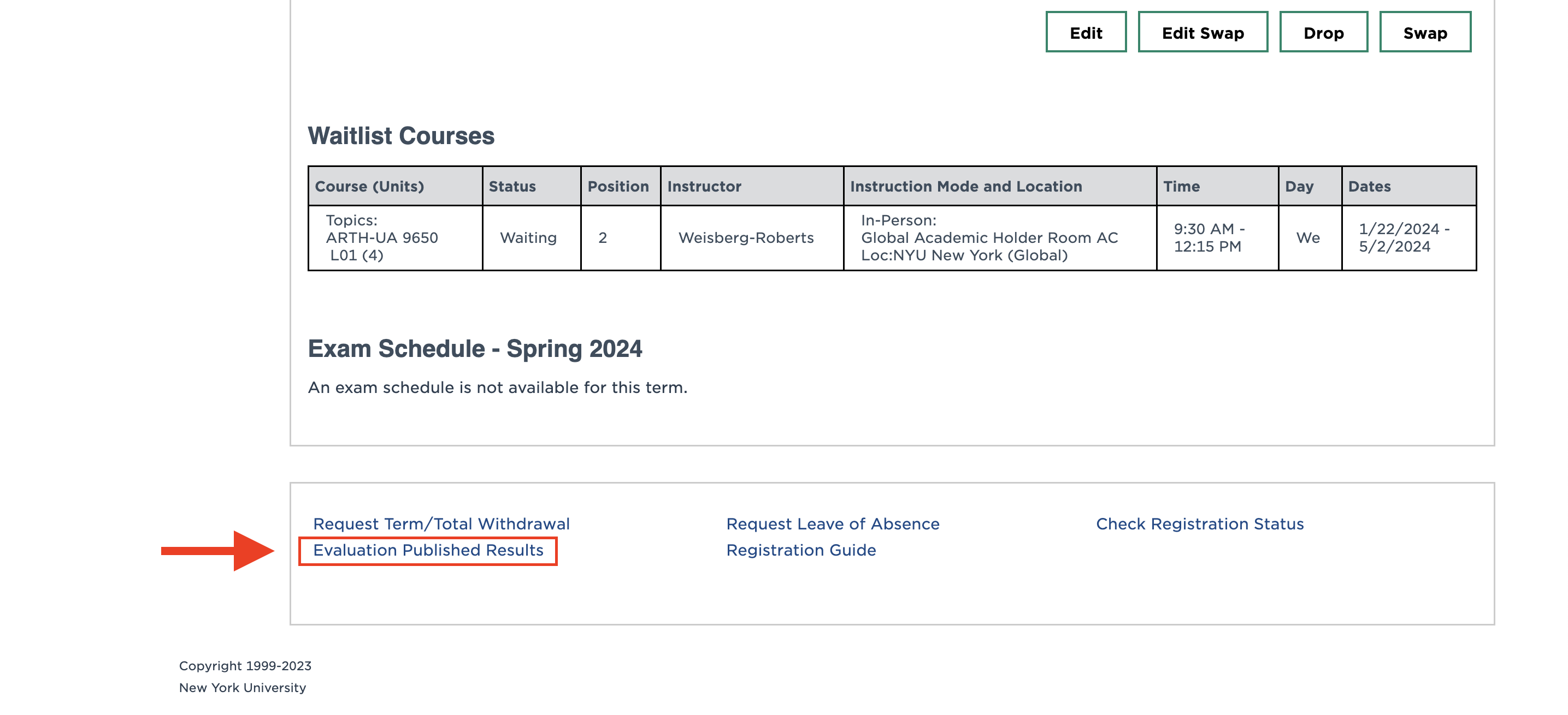 Screenshot of Albert home page with a red box and arrow highlighting the “Evaluation Published Results” link.