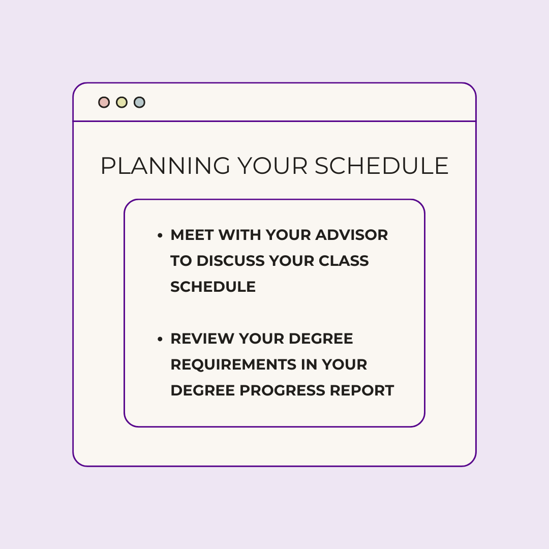 Planning Your Schedule 1. Meet with your advisor to discuss your class schedule 2. review your degree requirements in your Degree Progress Report