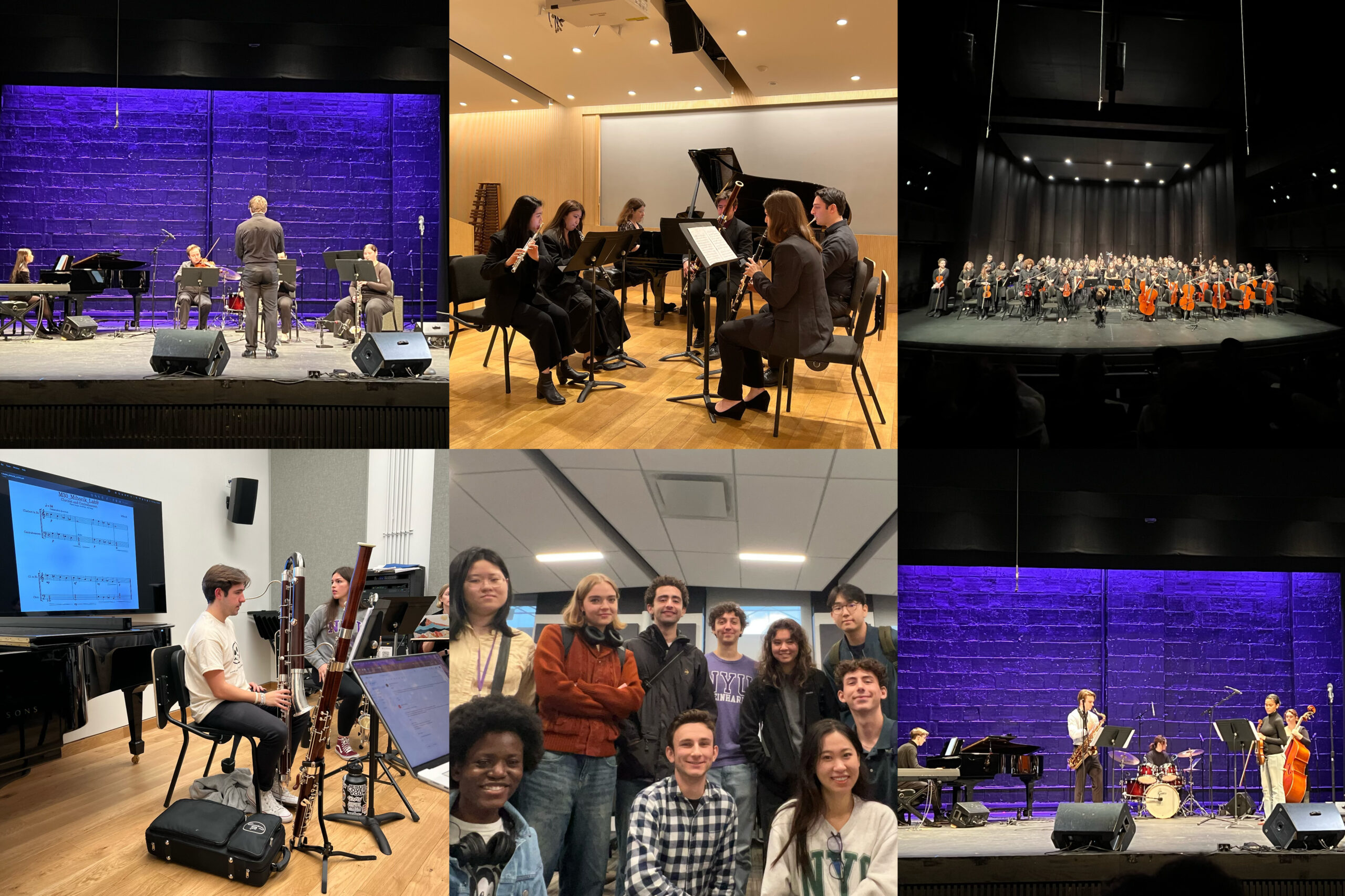 A collage of students in classrooms and onstage performing and studying music.