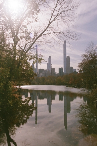 A lake in Central Park with high-rise buildings reflected in the water.