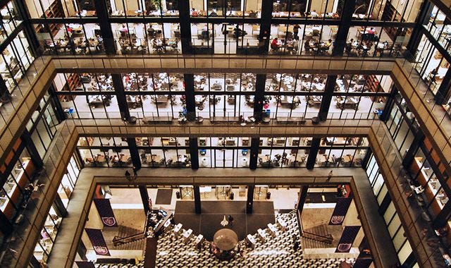 View down from the top floor of Bobst Library, with multiple floors visible.
