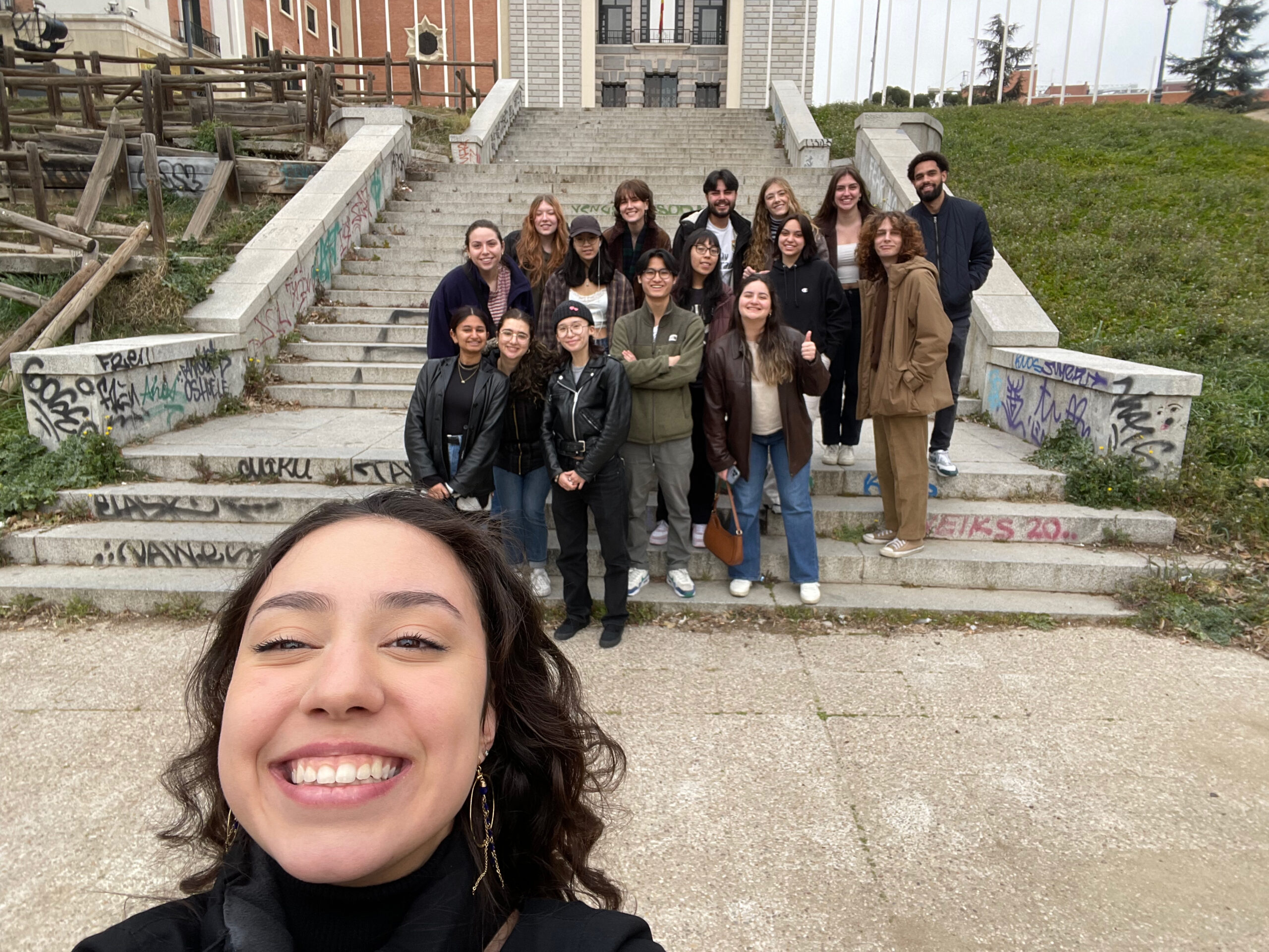 Global Equity Fellow Liliana Flanigan and a large group of students out exploring the city of Madrid.