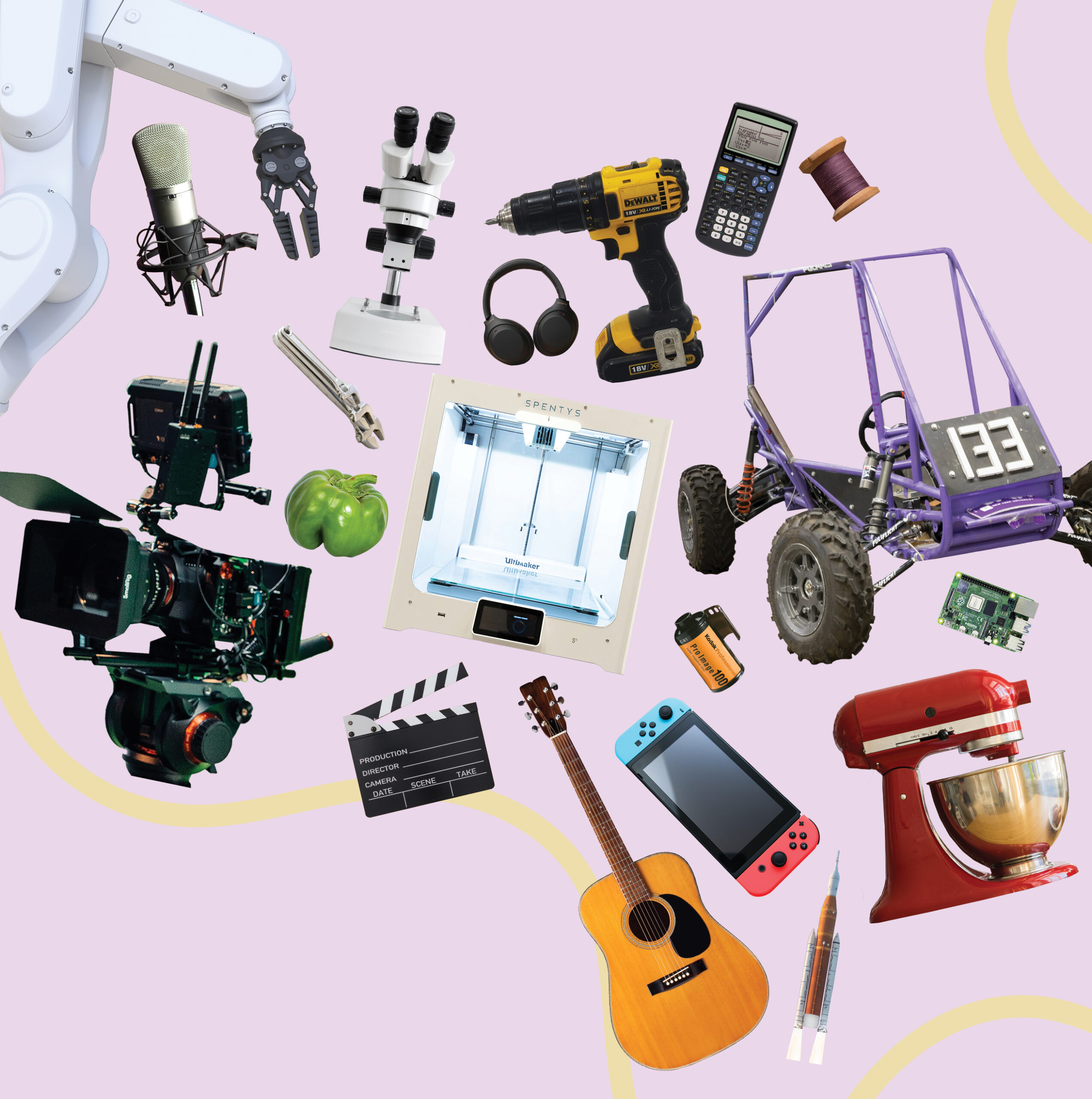 A collage featuring a robotic arm, microphone, microscope, headphones, drill, calculator, spool of thread, race car, microchip, stand mixer, small rocket, acoustic guitar, Nintendo Switch, roll of film, clapboard, 3D printer, pepper, wrench, and large professional film camera.