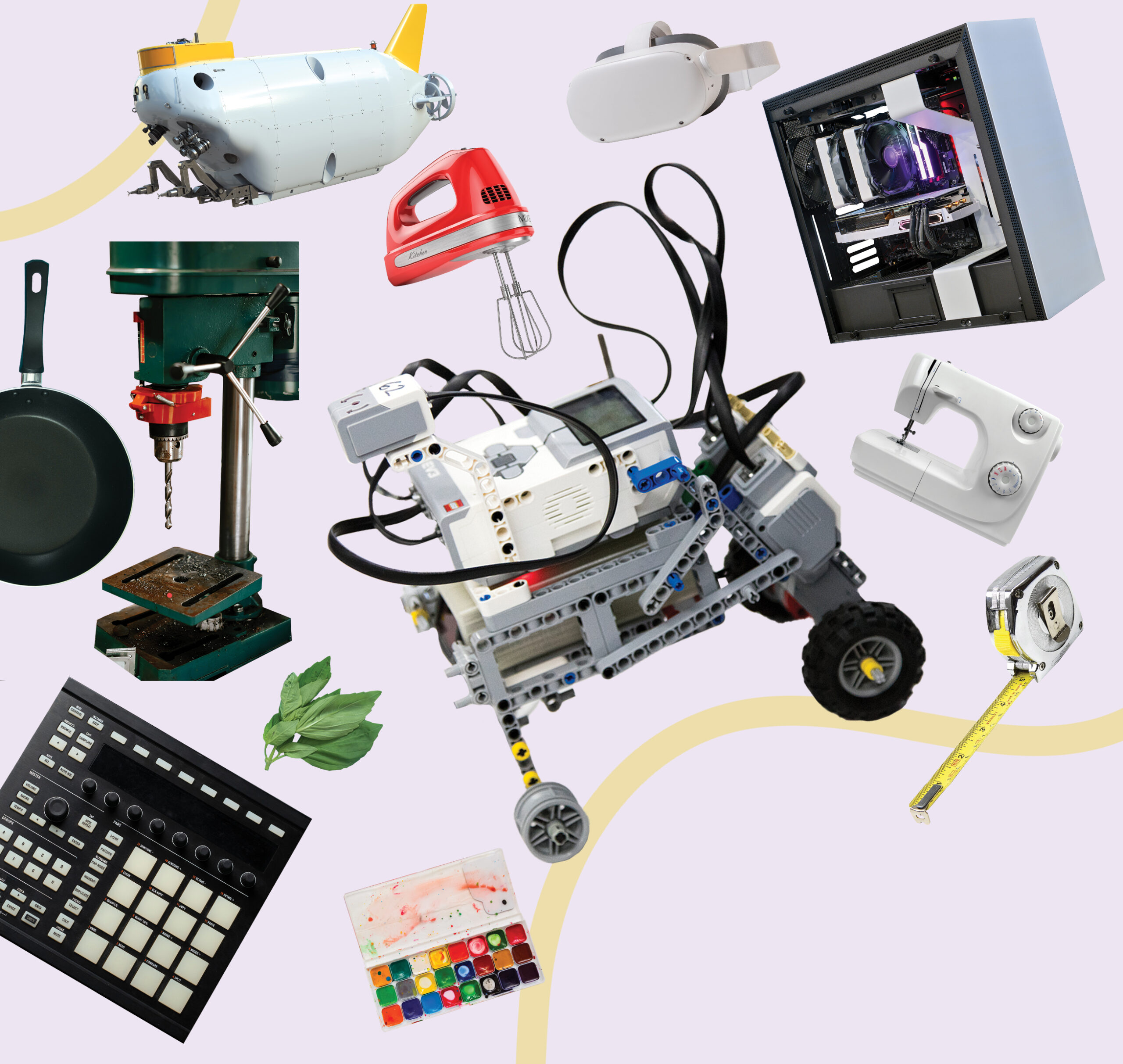 A collage featuring a submarine, a virtual reality headset, desktop computer tower, sewing machine, tape measure, robotics project, paint set, bunch of basil, music mixer, cooking pan, and wood drill.